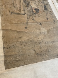 Luo Qing (1821-1899): quatre rouleaux figurant des personnages dans des paysages, encre et couleurs sur papier