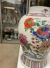 Un vase en porcelaine de Chine famille rose &agrave; d&eacute;cor d'oiseaux parmi des branches fleuries, Qianlong