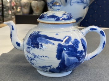 A Chinese blue and white 'landscape' teapot and cover, Chenghua mark, Kangxi