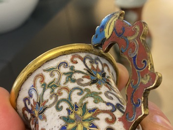 A Chinese cloisonn&eacute; two-handled 'lotus scroll' cup on stand, 18/19th C.