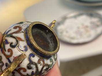A Chinese cloisonn&eacute; two-handled 'lotus scroll' cup on stand, 18/19th C.