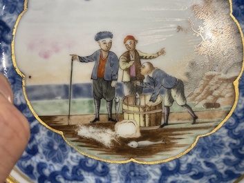 A Chinese famille rose blue and white lotus-scroll-ground 'fish-seller' cup and saucer, Qianlong
