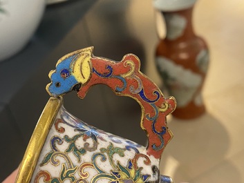 A Chinese cloisonn&eacute; two-handled 'lotus scroll' cup on stand, 18/19th C.