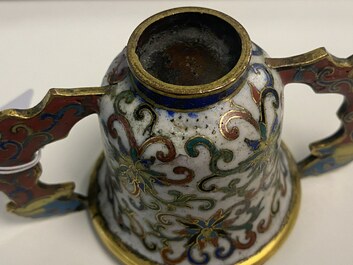 A Chinese cloisonn&eacute; two-handled 'lotus scroll' cup on stand, 18/19th C.