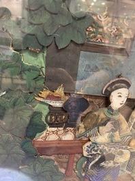 Canton school: 'Figures in a terrace garden', collage painting with relief-mounted paper, 19th C.