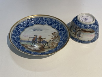 Une tasse et soucoupe en porcelaine de Chine d'exportation &agrave; d&eacute;cor d'un marchand de harengs, Qianlong
