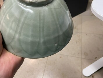 Three Chinese celadon-glazed 'lotus' bowls, Song
