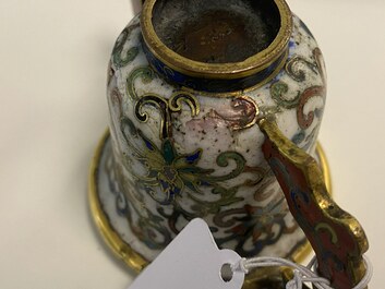 A Chinese cloisonn&eacute; two-handled 'lotus scroll' cup on stand, 18/19th C.