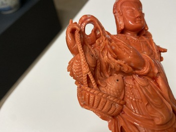 A Chinese carved red coral 'Tara' figure, 19/20th C.