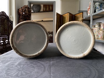 A pair of Chinese blue and white celadon-ground vases with rams, 19th C.