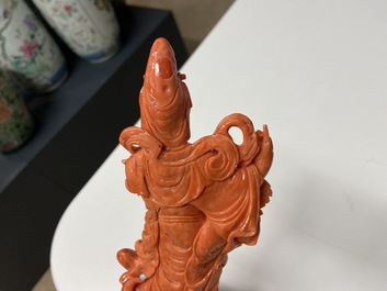 A Chinese carved red coral 'Tara' figure, 19/20th C.
