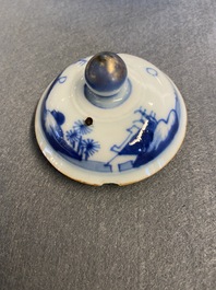 A Chinese blue and white 'landscape' teapot and cover, Chenghua mark, Kangxi