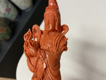A Chinese carved red coral 'Tara' figure, 19/20th C.