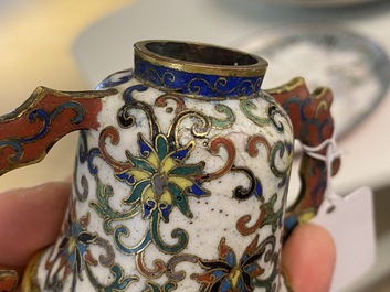 A Chinese cloisonn&eacute; two-handled 'lotus scroll' cup on stand, 18/19th C.