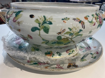 A Chinese Canton famille rose 'butterflies' tureen and cover on stand, 19th C.