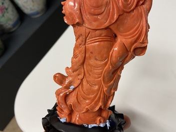 A Chinese carved red coral 'Tara' figure, 19/20th C.