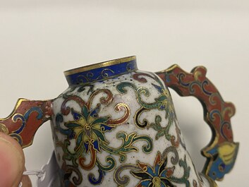 A Chinese cloisonn&eacute; two-handled 'lotus scroll' cup on stand, 18/19th C.