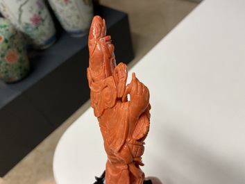 A Chinese carved red coral 'Tara' figure, 19/20th C.