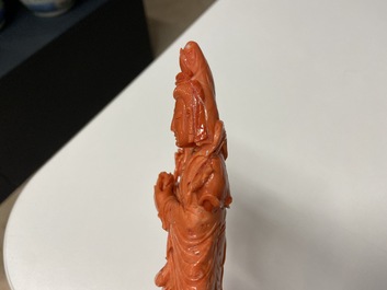 A Chinese carved red coral 'Tara' figure, 19/20th C.