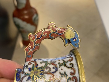 A Chinese cloisonn&eacute; two-handled 'lotus scroll' cup on stand, 18/19th C.