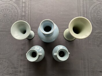 Five Chinese monochrome clair-de-lune and celadon-glazed vases, 19/20th C.