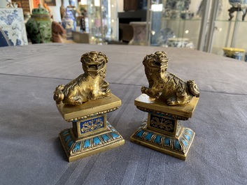 A pair of Chinese gilt bronze Buddhist lions on champlev&eacute; enamel bases, 18/19th C.