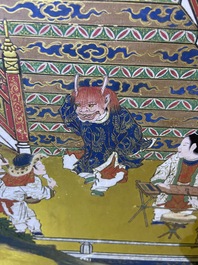 A Japanese painted six-panel 'Byobu' folding screen with playing boys, Edo, 18/19th C.