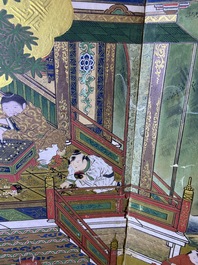 A Japanese painted six-panel 'Byobu' folding screen with playing boys, Edo, 18/19th C.