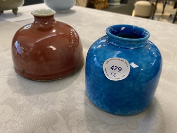 Two Chinese water pots with langyao and monochrome turqoise glaze, 19/20th C.