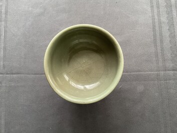 A Chinese Longquan celadon stem cup with underglaze design, Ming