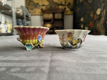 A lobed Chinese gilded famille rose 'lotus' cup and saucer and one depicting roosters, Yongzheng/Qianlong