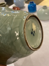 A Chinese celadon-glazed bowl with peony scrolls, Chenghua mark, 18/19th C.