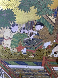 A Japanese painted six-panel 'Byobu' folding screen with playing boys, Edo, 18/19th C.