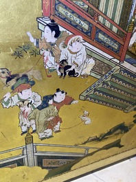 A Japanese painted six-panel 'Byobu' folding screen with playing boys, Edo, 18/19th C.