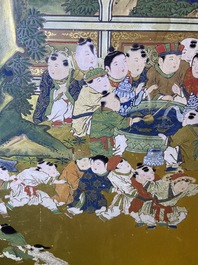 A Japanese painted six-panel 'Byobu' folding screen with playing boys, Edo, 18/19th C.