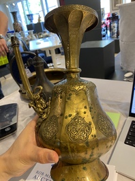 A Tibetan brass ewer, an alms bowl and an Indian bronze ewer, 18/19th C.