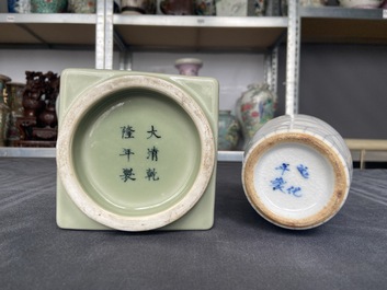 Een Chinese celadon 'cong' vaas met trigrammen en een craquel&eacute; vaas, 19/20e eeuw