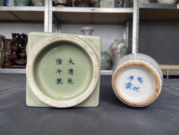 A Chinese celadon 'cong' vase with trigrams and a crackle-glazed vase, 19/20th C.