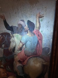 Ecole flamande: Soldats romains se battent pour un jeu de d&eacute;s devant le Christ en croix, huile sur panneau, 1&egrave;re moiti&eacute; du 16&egrave;me