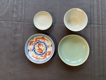 A Chinese famille rose bowl and cover, a 'dragon' plate and a celadon plate, 19th C.