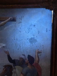 Ecole flamande: Soldats romains se battent pour un jeu de d&eacute;s devant le Christ en croix, huile sur panneau, 1&egrave;re moiti&eacute; du 16&egrave;me