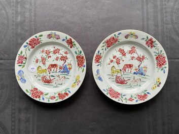 A pair of Chinese famille rose 'horse' plates, Yongzheng/Qianlong