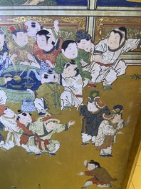 A Japanese painted six-panel 'Byobu' folding screen with playing boys, Edo, 18/19th C.