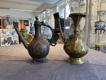 A Tibetan brass ewer, an alms bowl and an Indian bronze ewer, 18/19th C.