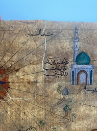 Ecole ottomane: 'Une carte avec au centre la Kaaba &agrave; La Mecque', encre et couleurs sur papier, 19&egrave;me