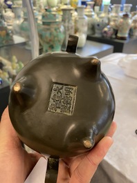A Chinese silver-inlaid bronze censer, Xuande mark, Qianlong
