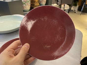 A pair of Chinese monochrome ruby red plates, Jiaqing mark and of the period