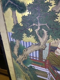 A Japanese painted six-panel 'Byobu' folding screen with playing boys, Edo, 18/19th C.