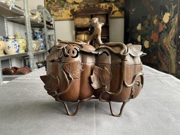 A Chinese bronze censer and cover in the shape of two pumpkins, 19th C.