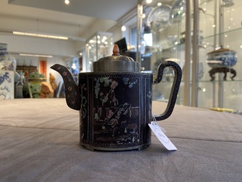 A Chinese 'laque burgaut&eacute;'-lacquered and mother-of-pearl-inlaid pewter teapot and cover, Kangxi